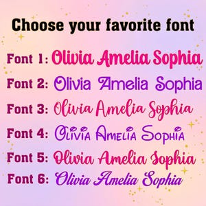 Puede incluir: Gr&aacute;fico que muestra seis opciones de fuente, cada una con los nombres Olivia, Amelia y Sophia. El texto "Elige tu fuente favorita" est&aacute; en la parte superior. Los colores de las fuentes var&iacute;an de rosa a morado.