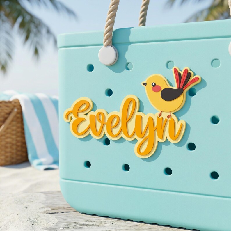 Custom Name Bogg Bag Charm with Cute Bird, Personalized BoggBits Accessory, PVC Name Tag for Beach Bag Tote, Custom Charm, Mom Bag Gift image 2