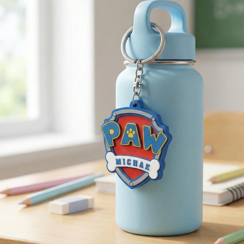 May include: A light blue water bottle with a matching handle and a silver keyring. Attached is a blue, red, and white Paw Patrol keychain with the name "MICHAEL". The bottle is on a wooden desk.