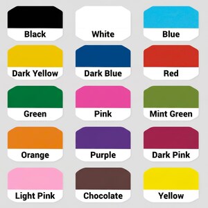 May include: A color palette featuring 15 rectangular blocks, each with a different color and a corresponding text label. Colors include black, white, blue, dark yellow, dark blue, red, green, pink, mint green, orange, purple, dark pink, light pink, chocolate, and yellow.