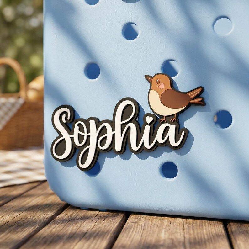 Custom Name Bogg Bag Charm with Cute Bird, Personalized BoggBits Accessory, PVC Name Tag for Beach Bag Tote, Custom Charm, Mom Bag Gift image 6