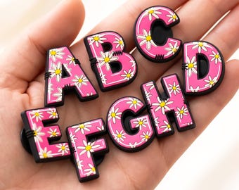 Pink Daisy Alphabet Shoe Charms | Floral Letter Clog Pins | Custom Initial Name Charms | PVC Doodle Flower Charms A-Z | Cute Gift for Her