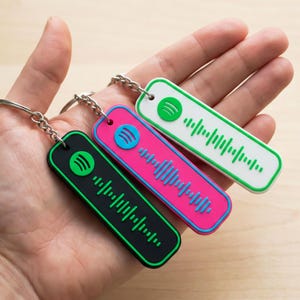 Könnte beinhalten: Drei farbenfrohe Schlüsselanhänger mit Spotify-Motiv. Die rechteckigen Schlüsselanhänger mit abgerundeten Kanten zeigen ein grünes Spotify-Logo und ein Wellenmuster. Die Schlüsselanhänger sind schwarz, pink und weiß mit silbernen Schlüsselringen.