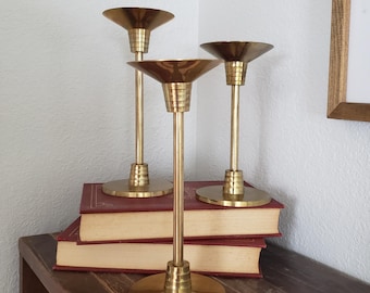 Mid Century Modern Art Deco Set of 3 Solid Brass Candlesticks