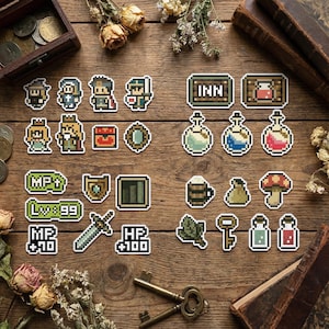 Puede incluir: Un conjunto de pegatinas de pixel art con elementos de juegos de fantasía. Las pegatinas incluyen personajes, pociones, escudos, espadas y otros iconos, todos con una estética de videojuego retro. Dispuestas sobre una superficie de madera.