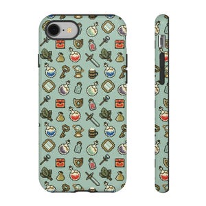 May include: A mint green phone case featuring a pixelated pattern of fantasy game elements. The design includes potions, keys, shields, swords, and treasure chests. The case wraps around the phone and has a matching side design.