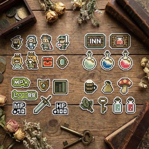 Puede incluir: Una colección de pegatinas de pixel art con varios elementos de juegos de fantasía. Las pegatinas incluyen personajes, pociones, escudos, espadas y otros iconos, todos con una estética de videojuego retro. Las pegatinas están dispuestas sobre una superficie de madera.