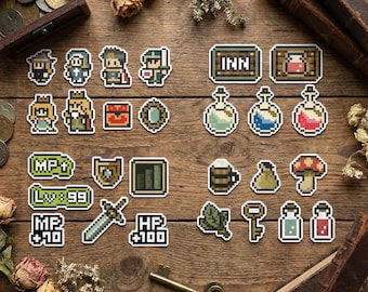 Pixel Art RPG Sticker Sheet (27 Stickers) | Retro 8-Bit Items, Potions & Stats | Gamer Planner Laptop Stickers