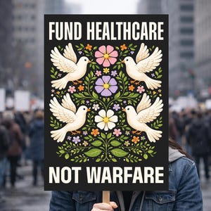 May include: A black sign held in a protest with the words "FUND HEALTHCARE NOT WARFARE". The sign features a floral design with four white doves and colorful flowers. The background shows a crowd of people.