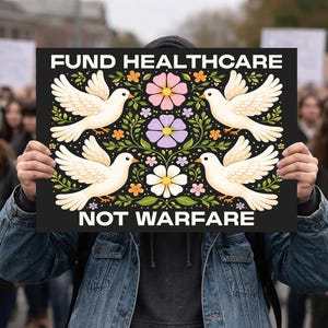 May include: A black sign with the text "FUND HEALTHCARE NOT WARFARE" in white. The sign features four white doves with floral and leaf designs in pink, purple, and orange. The sign is held up in a crowd of people.