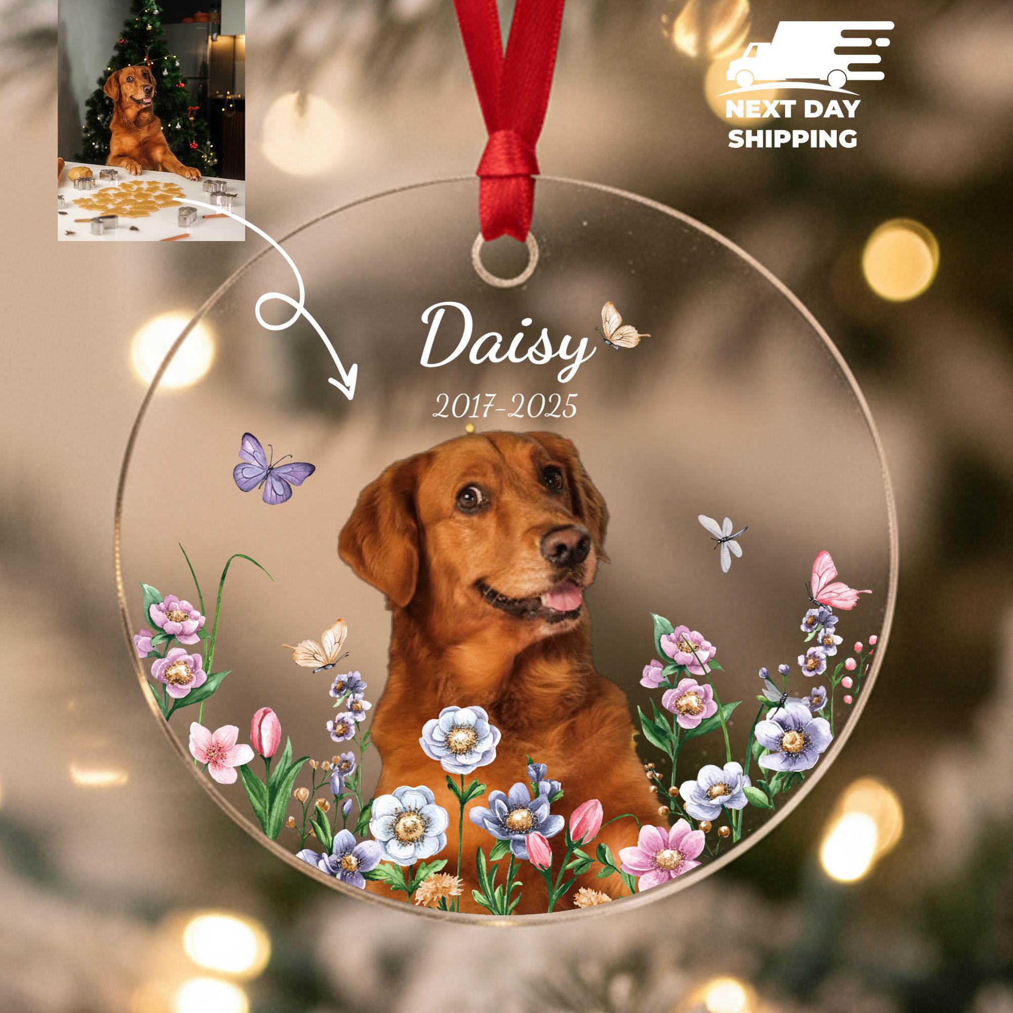 Pet Memorial Ornament with Photo • Custom Dog or Cat Portrait • Floral Rainbow Bridge Keepsake • Personalized Pet Loss Gift, Pet Remebrance