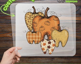 Fall Dental Pumpkins DTF Transfer, Ready To Press, Dentist Halloween Shirt, Tooth Pumpkin Leopard Plaid Leaves DTF