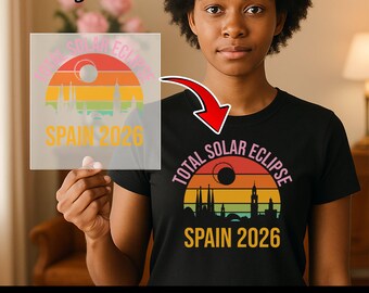 Solar Eclipse Spain 2026 Ready To Press, Total Solar Eclipse Iron On, Retro Celestial Skyline DTF Transfer