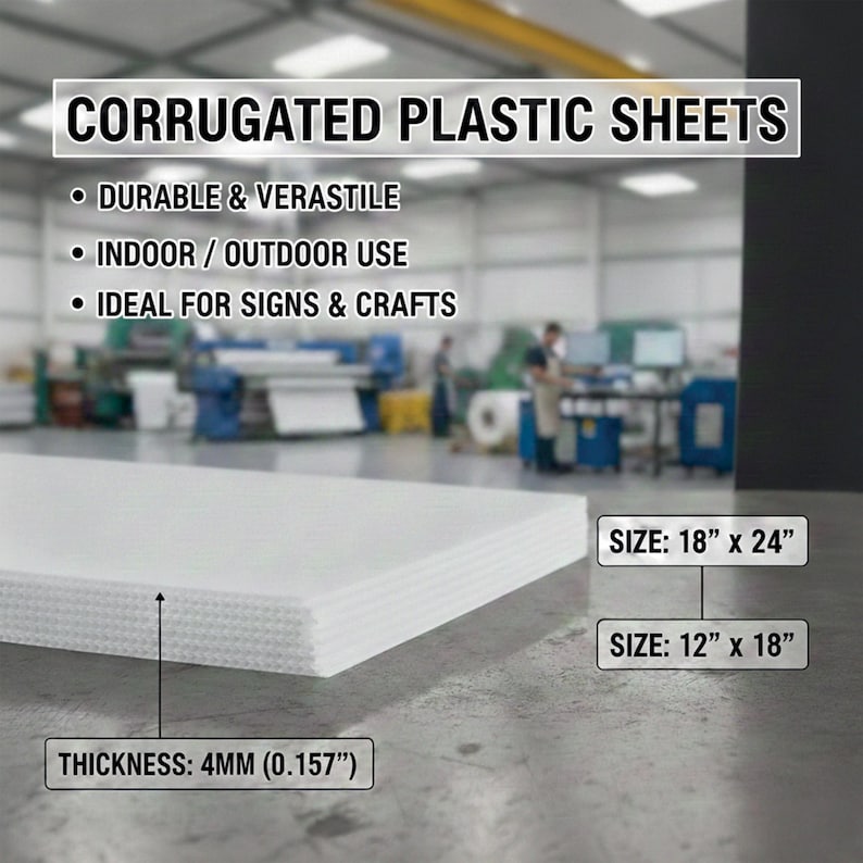 May include: White corrugated plastic sheets. The image shows the text "CORRUGATED PLASTIC SHEETS". The sheets are available in 18" x 24" and 12" x 18" sizes, with a thickness of 4mm (0.157"). The sheets are durable and versatile, for indoor/outdoor use.