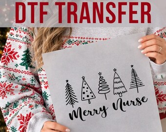 Merry Nurse DTF Transfer, Christmas Tree Graphic for T-Shirts, Holiday Apparel Heat Press Print
