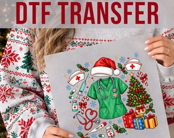 Christmas Nurse DTF Transfer, Green Scrub Top Holiday Print, Medical Professional Apparel Design