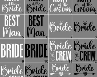 May include: A grid of sixteen square tiles featuring wedding-themed text designs in white or black. Phrases include Aunt of the Bride, Aunt of the Groom, Best Man, Bride, Bride Crew, Bride Squad, and Bride Tribe, some with diamond or arrow icons.