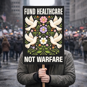 May include: A black sign with the text "FUND HEALTHCARE NOT WARFARE" held in front of a person in a crowd. The sign features four white doves, flowers, and foliage.