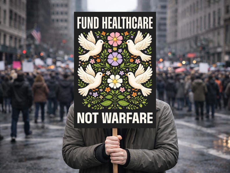 May include: A black sign with the text "FUND HEALTHCARE NOT WARFARE" held in front of a person in a crowd. The sign features four white doves, flowers, and foliage.