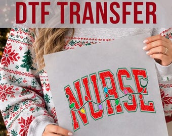 Nurse Christmas DTF Transfer, Red Varsity Lettering with Stethoscope and Holiday Lights Design