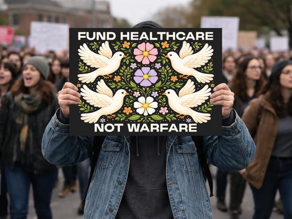 Fund Healthcare Not Warfare Yard Sign, Peace Protest Sign, Anti War Message Lawn Sign, Floral Dove Activist Sign, Double Sided Sign