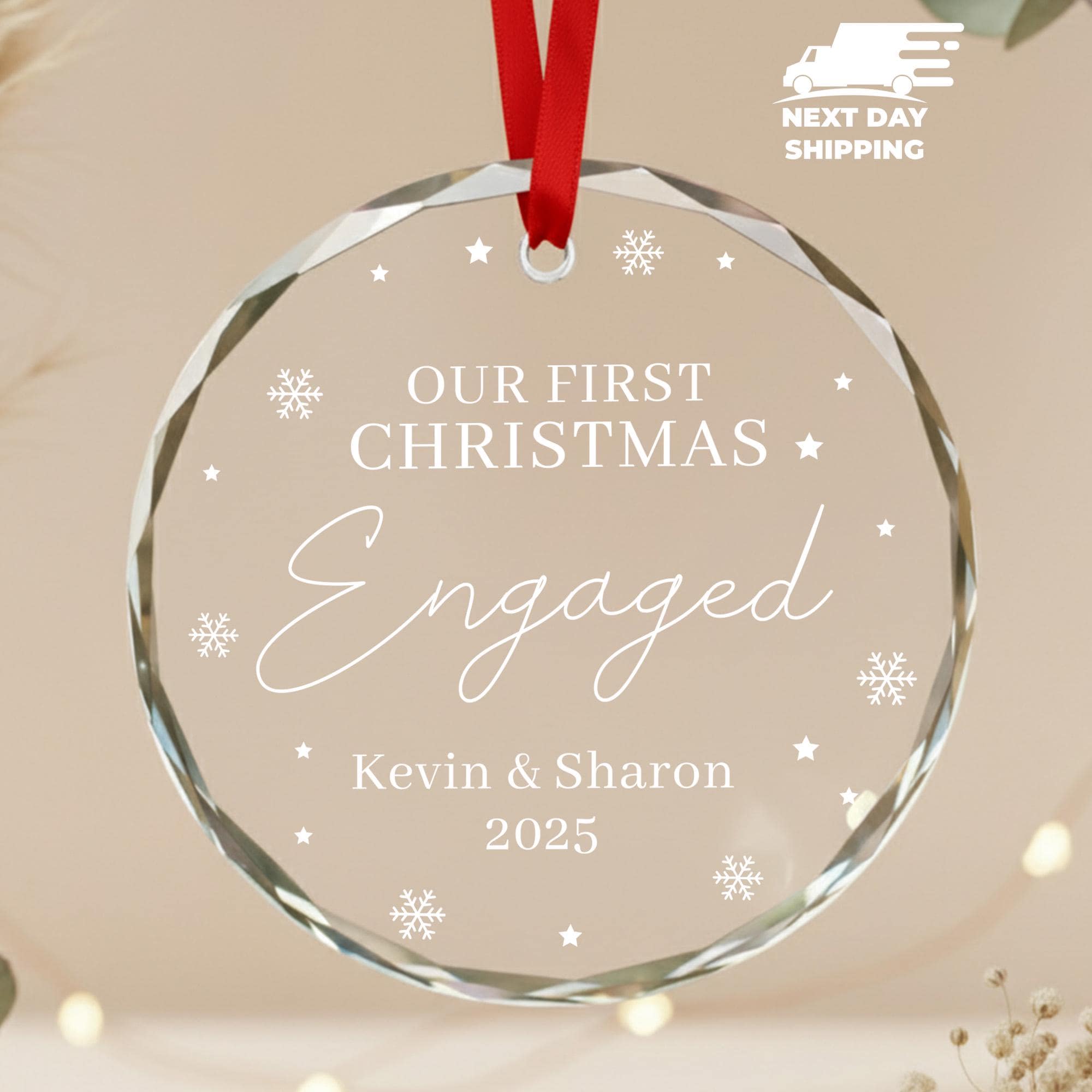 Personalized First Christmas Engaged Ornament • Acrylic, Ceramic, or Glass