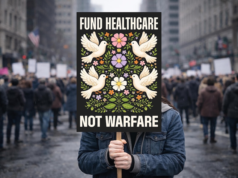May include: A black sign held in a protest with the words "FUND HEALTHCARE NOT WARFARE". The sign features a floral design with four white doves and colorful flowers. The background shows a crowd of people.