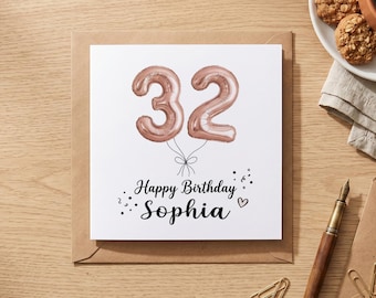Tarjeta de cumpleaños número 32 personalizada para ella, tarjeta de felicitación de cumpleaños con nombre personalizado, regalo de cumpleaños especial para tu mejor amiga.