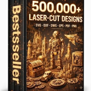 Puede incluir: Caja negra con la palabra "Bestseller" en letras doradas en el lomo. La parte frontal muestra "500,000+ LASER-CUT DESIGNS" y formatos de archivo. La imagen presenta un robot steampunk, edificios y vehículos dorados.