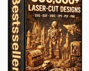 May include: A black box with the word "Bestseller" in gold lettering on the spine. The front displays "500,000+ LASER-CUT DESIGNS" with various file formats. The image features a steampunk-style robot, buildings, and vehicles.
