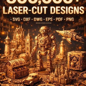 Puede incluir: Imagen digital con el texto "500,000+ LASER-CUT DESIGNS" y extensiones de tipo de archivo. La imagen presenta un robot steampunk, edificios, engranajes y un coche, todo en un tono sepia cálido. Los elementos de diseño sugieren proyectos de artesanía cortados con láser.