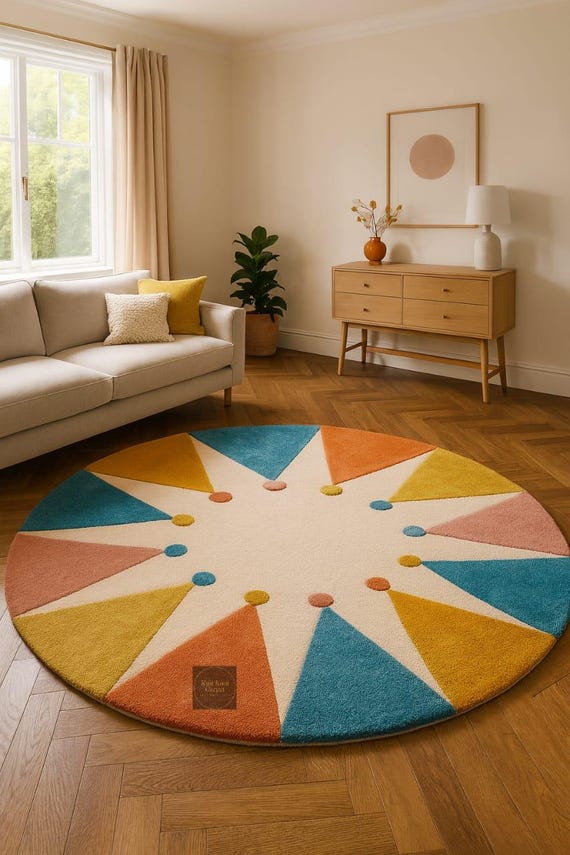 Handgefertigter moderner runder Teppich aus der Mitte des Jahrhunderts, Bunter Geometrischer Starburst-Kreisteppich, Retro-Boho-Wohnzimmerteppich, Handgetufteter Teppich 200x250
