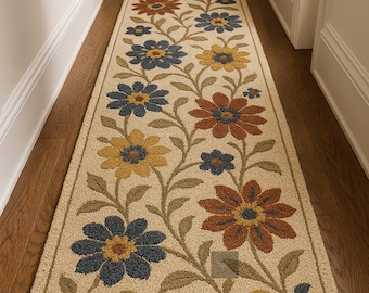 Neutral Floral Hallway Runner Rug | Non-Slip Kitchen Carpet | Rustic Cottage Core Decor | Long Entryway Accent Mat | Vintage-Inspired Carpet