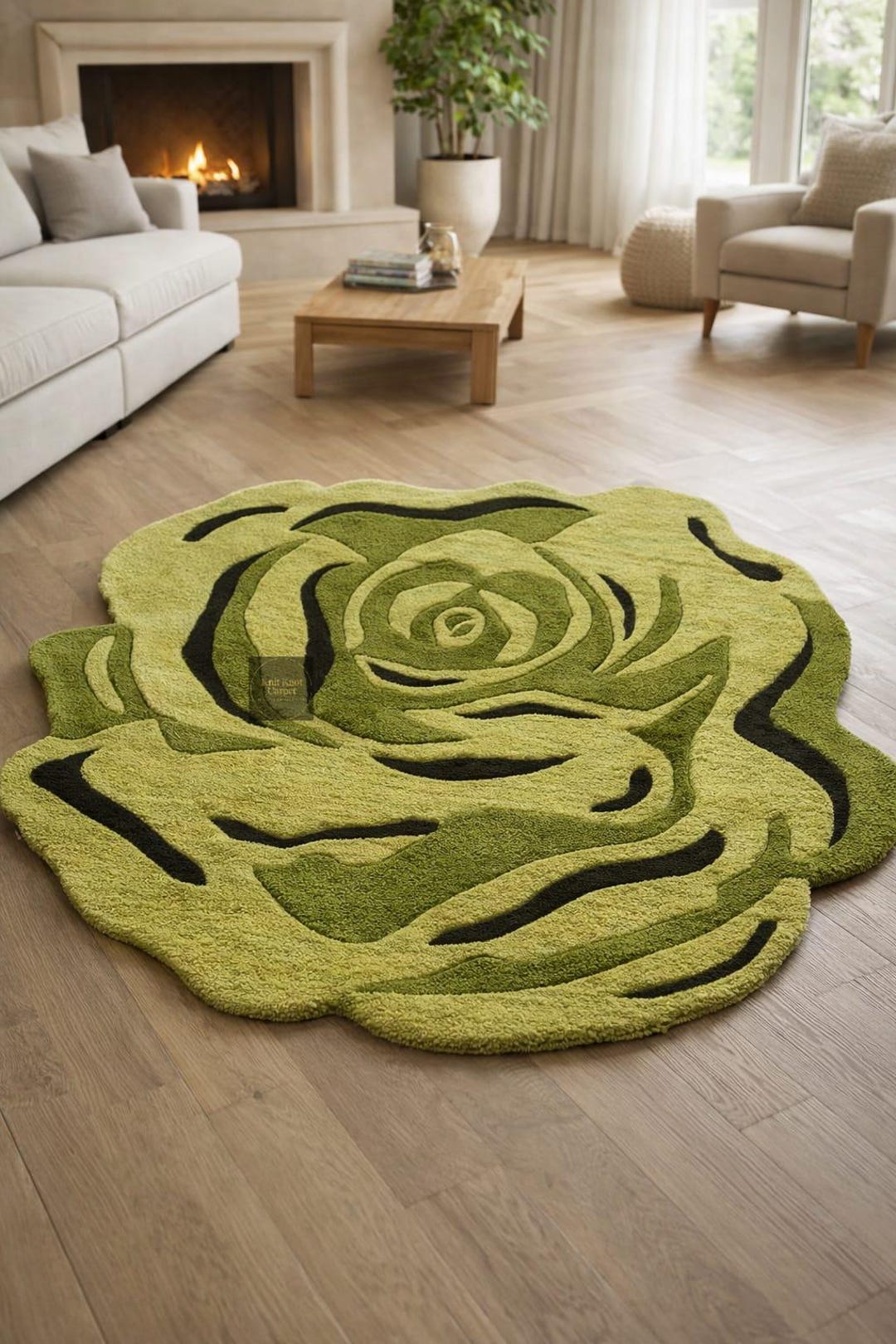 Green Roses Rug 3D Green Rose Hand Tufted Rug - Floral Shaped Area Rug for Bedroom ...