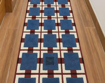 Modern Blue Geometric Hallway Runner "Rug" | Hand Tufted Long Entryway Carpet | Custom Size Woven Kitchen "Rug" | Abstract Checkered Pattern