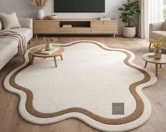 Cloud Shaped Rug, Irregular Wavy Aesthetic Tufted Rug, Beige, Cream Minimalist Living Room Decor, Custom Shape Area Rug, Organic Modern Rug.