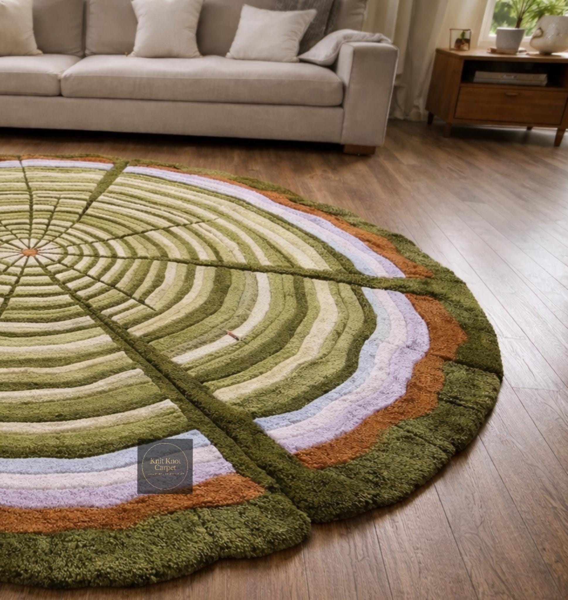 Tree Ring Area Rug, Moss Green Nature Inspired Carpet, Large Round ...