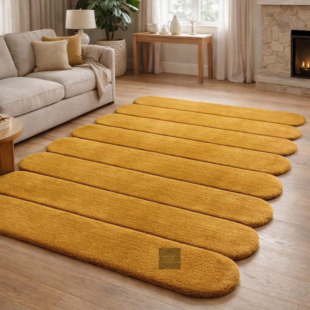 Mustard Yellow Pill Shape Rug, Modern Ribbed Area Rug for Living Room ...
