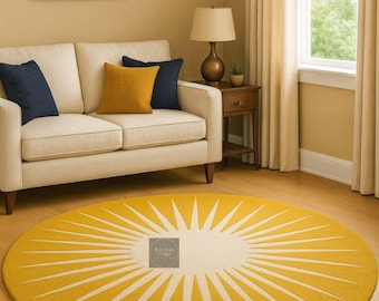 Starburst Sunburst Round Rug | Mustard Yellow Wool Area Rug, Mid-Century Modern Living Room Decor | Hand-Tufted Artistic Statement Piece 7x7