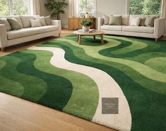 Large Green Wavy Area Rug, Sage Green Retro Swirl Carpet, Modern Abstract Curvy Rug for Living Room, Hand Tufted Wool Rug, Mid Century Decor