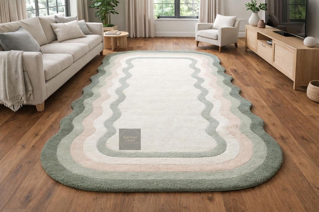 Sage Green Scalloped Rug, Wavy Edge Area Rug, Pastel Pink Hand Tufted ...