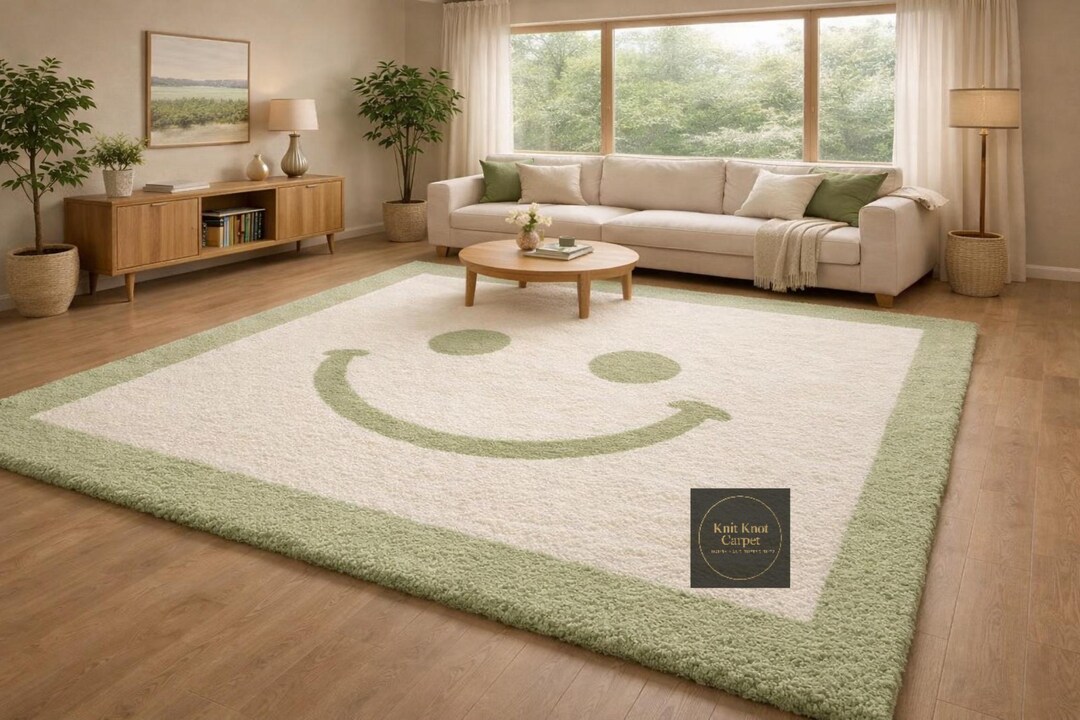 Preppy Rug Designs Sage Green Smiley Face Rug, Large Preppy Area Rug, for Bedroom, Danish ...
