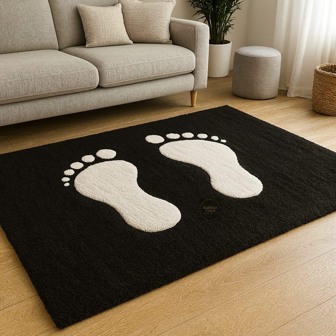 Rust Footprints Rug Giant Footprint Rug, Black and White Statement Mat, Tufted Unique Area ...