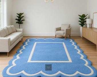 Unique Blue Scalloped Rug, Hand-Tufted Wavy Edge Area Rug, Aesthetic Irregular Frame Carpet, Modern Living Room, Bedroom Decor Custom Sizes.