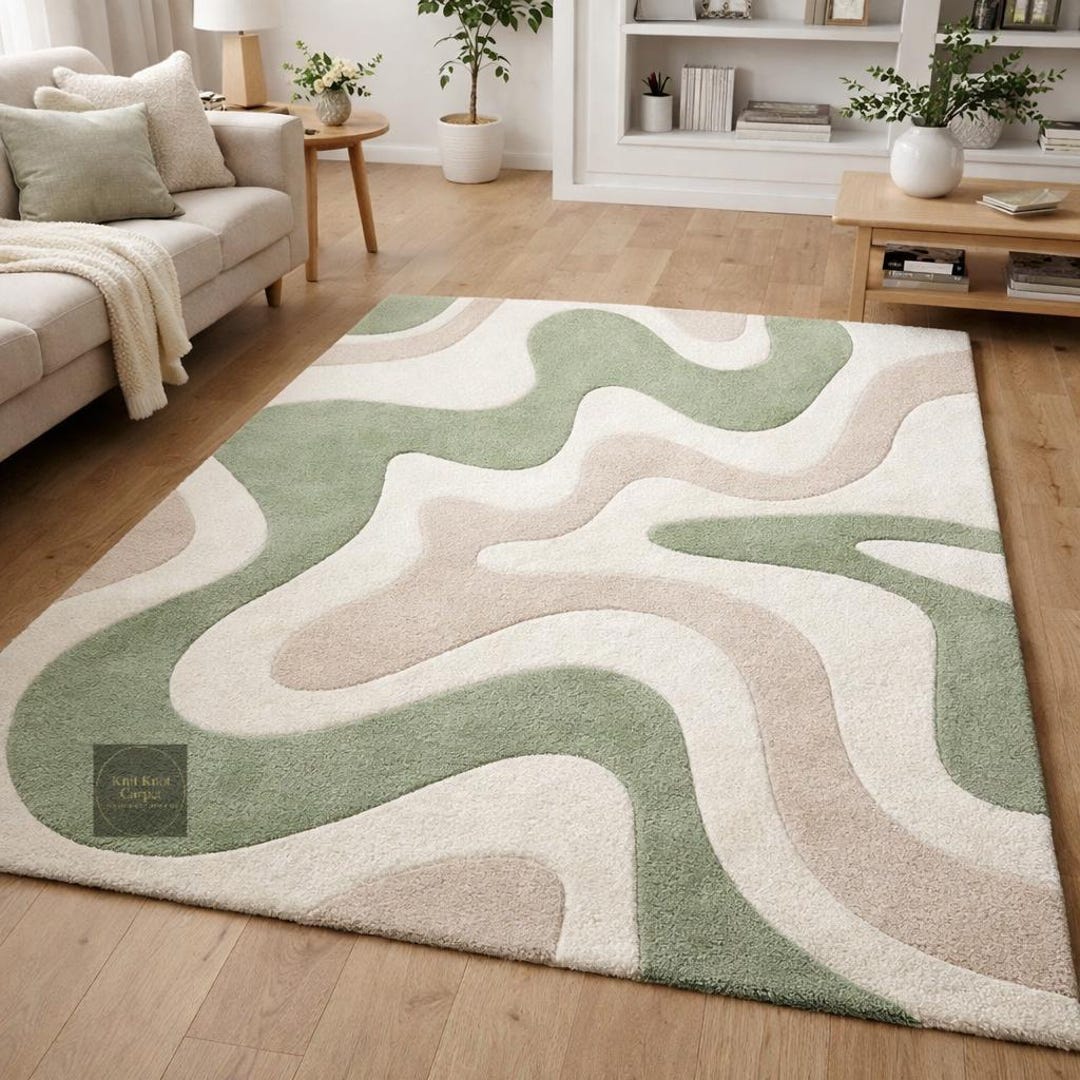 Sage Green Wavy Rug, Modern Abstract Area Rug for Living Room, Hand ...