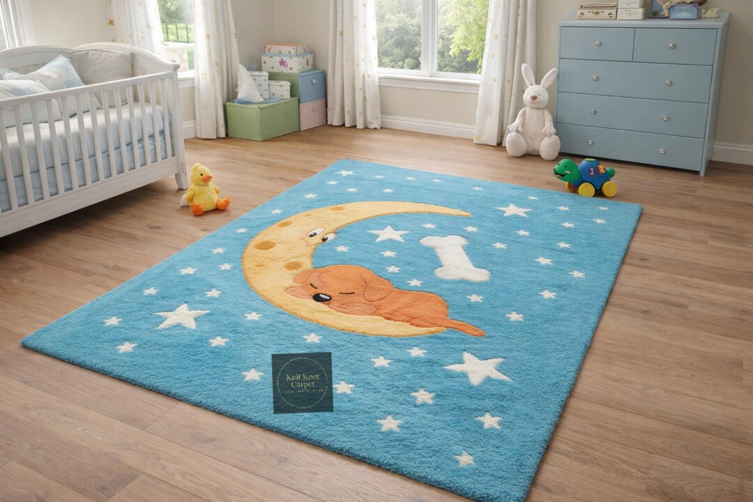 Custom Puppy Moon Nursery Rug, Blue Kids Bedroom Carpet, Cute Dog ...