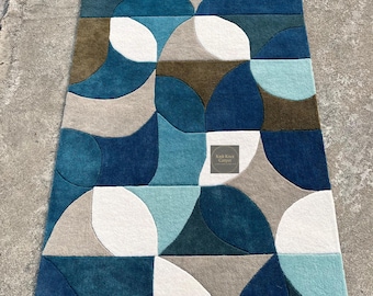 Alfombra de lana tejida a mano / Alfombra geométrica abstracta azul turquesa para sala de estar / Decoración estética moderna de mediados de siglo para el hogar