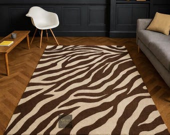 Tappeto moderno in lana con motivo zebrato, marrone e crema, motivo pelle di animale, lana annodata a mano per soggiorno, camera da letto, cameretta dei bambini. Tappeto di grandi dimensioni.