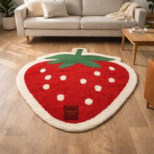 May include: A red strawberry-shaped rug with white seeds and a green stem. The rug has a white border and is placed on a wooden floor. The rug is a decorative item for a living room or bedroom.
