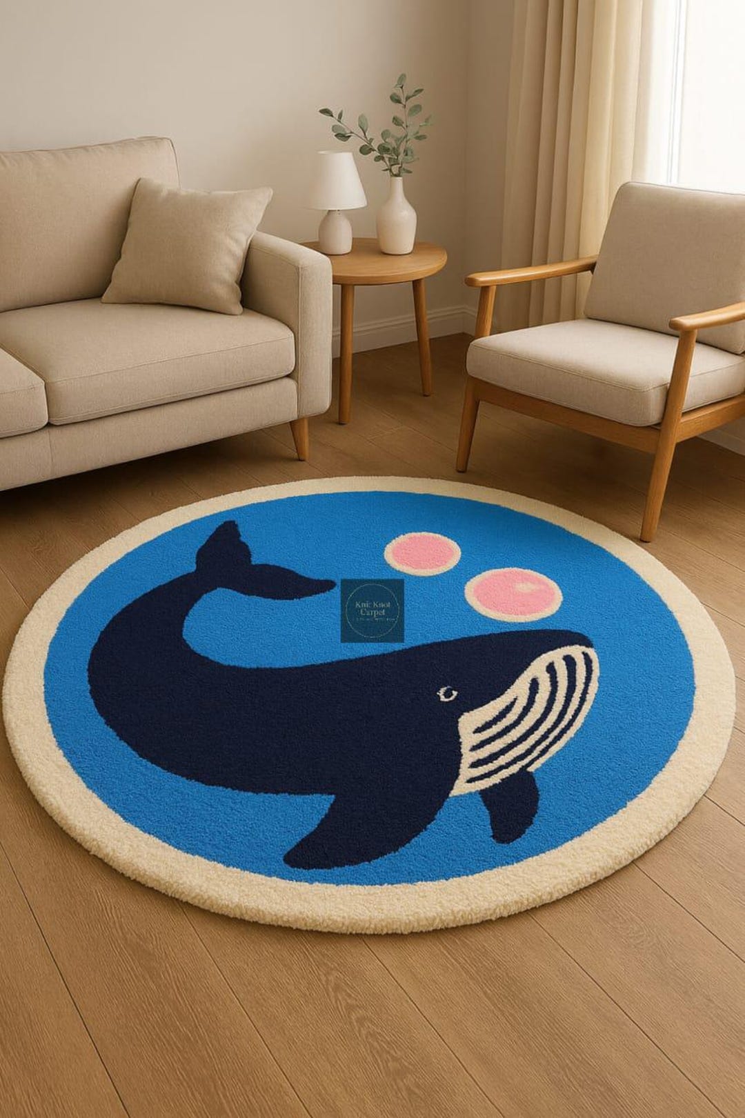 Whale Nursery Rug, Round Hand-tufted Blue Carpet, Ocean Theme Kids Room ...